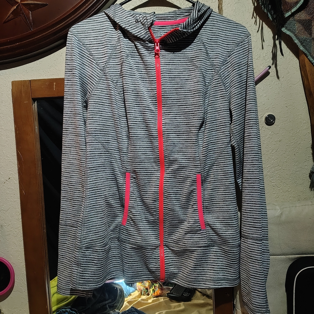 Striped Gray Hoodie with Pink Zipper